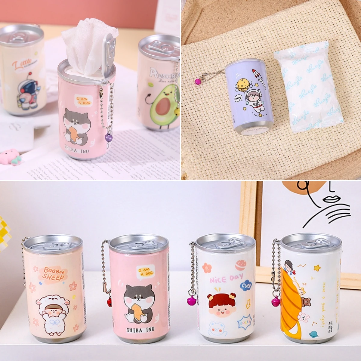 Canned Wet Wipes Portable Children Barreled Cans 30 Sheets Cleaning Cloths Creative Cartoon Chain Cute Small Bell