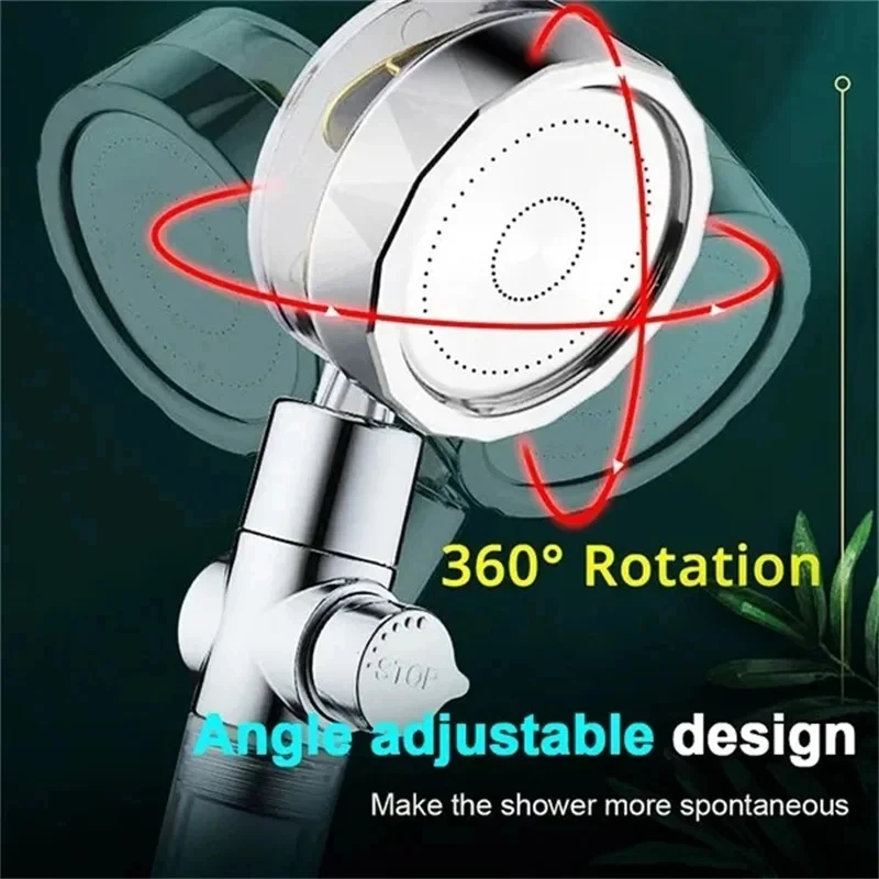 New High Pressure Shower Head Twin Turbocharged Shower Head Handheld Turbo Fan Propeller Shower One-key Stop Massage Showerhead 4