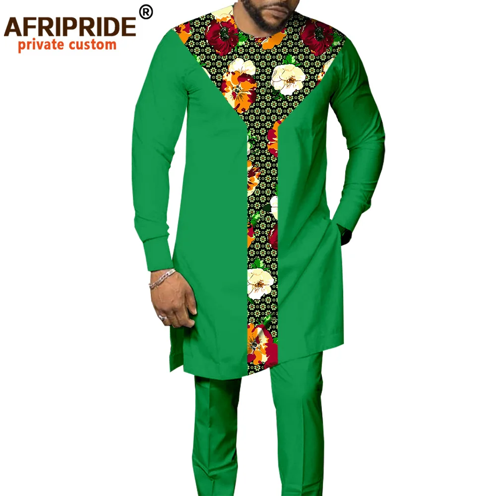 African Men Clothing Tribal Set Print Shirts+ Ankara Pants Dashiki Tracksuit Outfits Blouse Tops Pockets AFRIPRIDE A1916007B