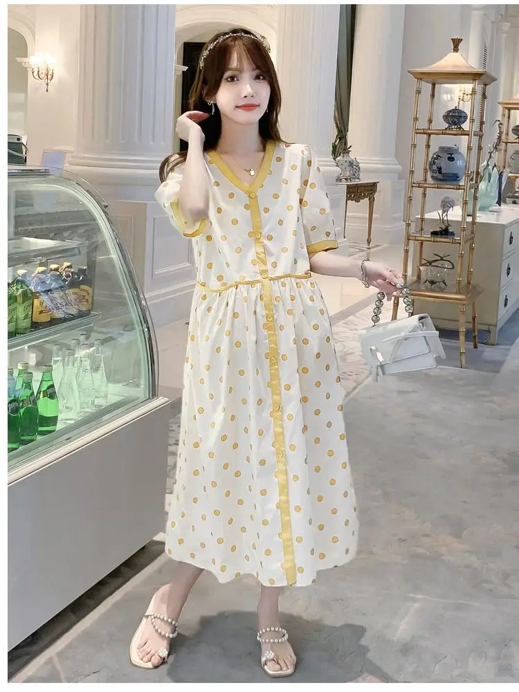 

2023 Summer Maternity Fashion Polka Dot Dress Short Sleeve V-Neck Button Fly Loose Pregnant Women Empired Dress Pregnancy Dress