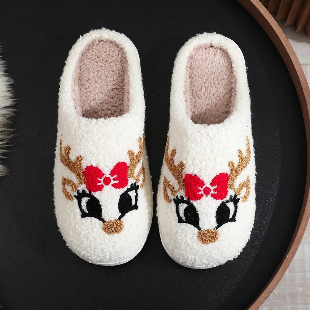 Reindeer Fuzzy Indoor Slippers Cartoon Plush Closed Toe Slippers Cute Plush Slip-on House Shoes with Red Bow for Winter Indoor