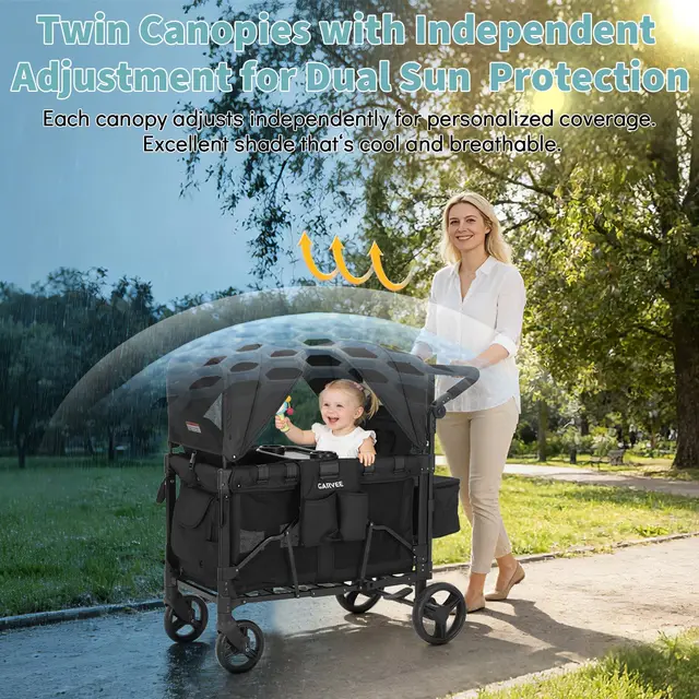 Poussette pliante pour enfants 2 places, capote amovible, roues tout-terrain, pousser et tirer, frein à pied, jusqu'à 60 kg, idéale pour le camping et les voyages en plein air 1