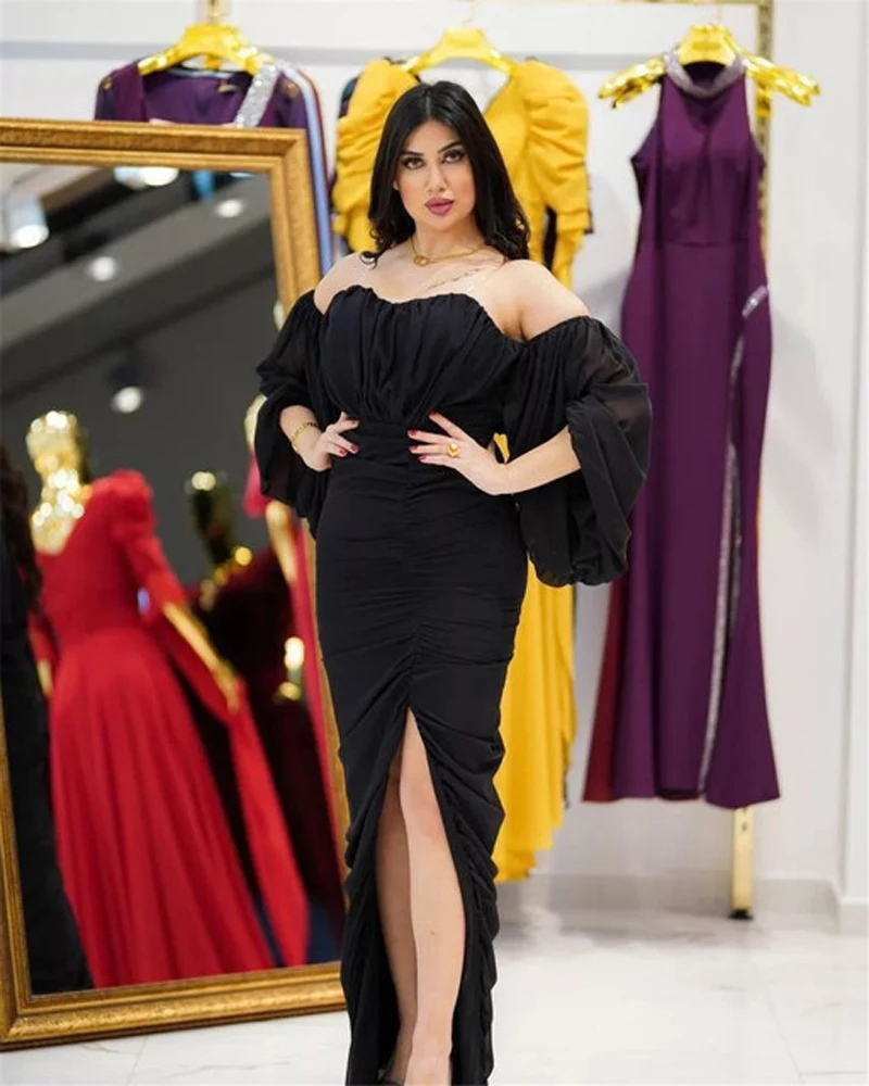 

Saudi Arabia Mermaid Evening Dress Black Off Shoulder Chiffon Prom Cocktail Gowns With High Slit 2022 Vintage For Women Dresses