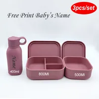Personalized Name Silicone Water Bottle 3 Compartment Leakproof Bento Lunch Box For Kids Portable Camping Picnic Food Container 1
