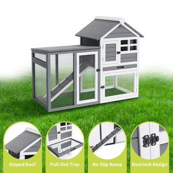 Rabbit Hutch Chicken Cage Indoor and Outdoor, 2-Story Rabbit Cage with Pull Out Tray, Wood Pet House with Ramp, Waterproof Roofs 5