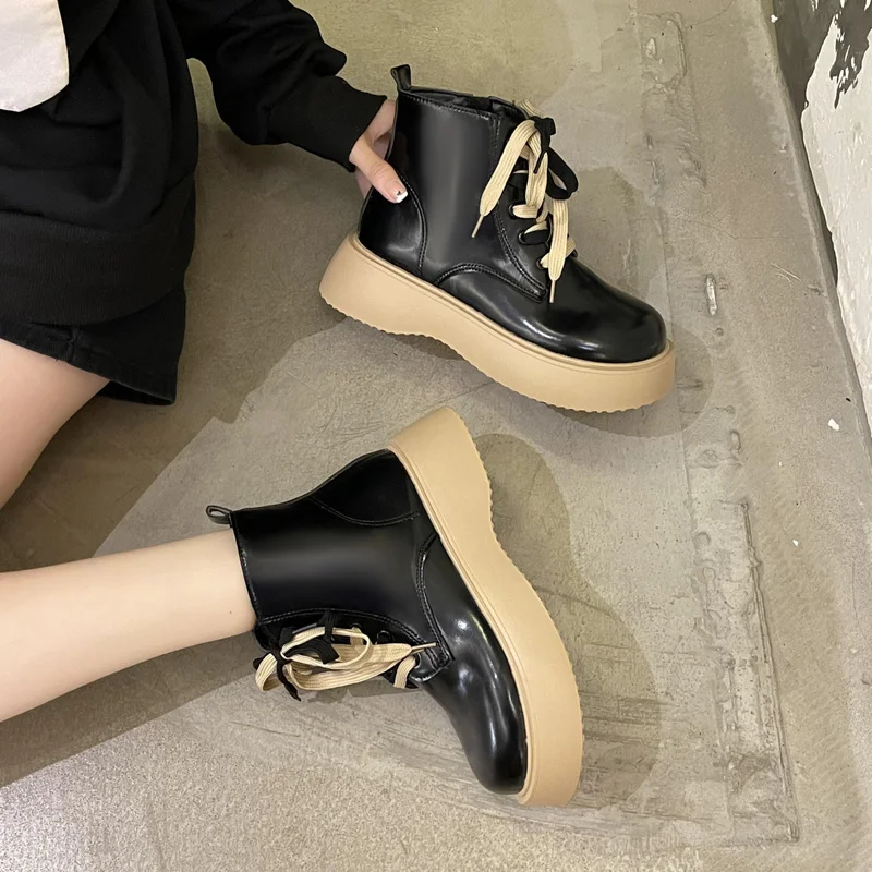 2023 Lace Up Ankle Boots Women Autumn Winter Chunky Booties Platform Motorcycle Boots Back Zipper Short Boots Thick Sole Shoes