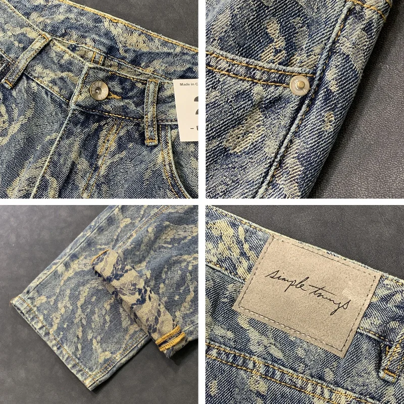 Hip Hop Trend Jacquard Printed Jeans Men's Fashion Loose Cool Straight Korean Street Pu Handsome Wide Leg Y2K Retro Pants