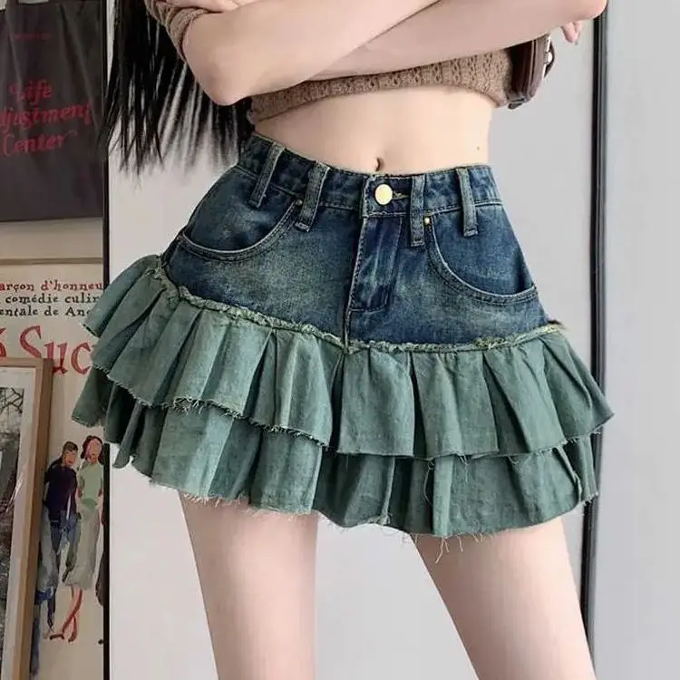 

Mini Denim Skirt Contrast High Waist Distressed Patchwork For Womens Vintage Hot Girl Y2K Summer Pleated Skirt Woman Streetwear