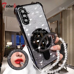 Shockproof Glitter Plating Phone Case with Mirror, Magnetic Holder, and Bracelet Cover - Galaxy A07 5G (Black)