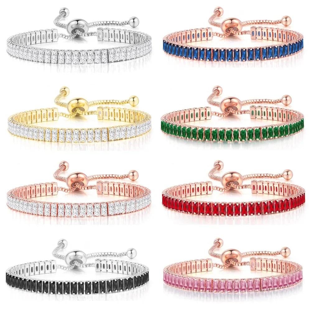 

+Black Iced Out Crystal Tennis Bracelets For Men Women Rectangle Zirconia Adjustable Chain on Hand Hip Hop Hippie Jewelry DZH051