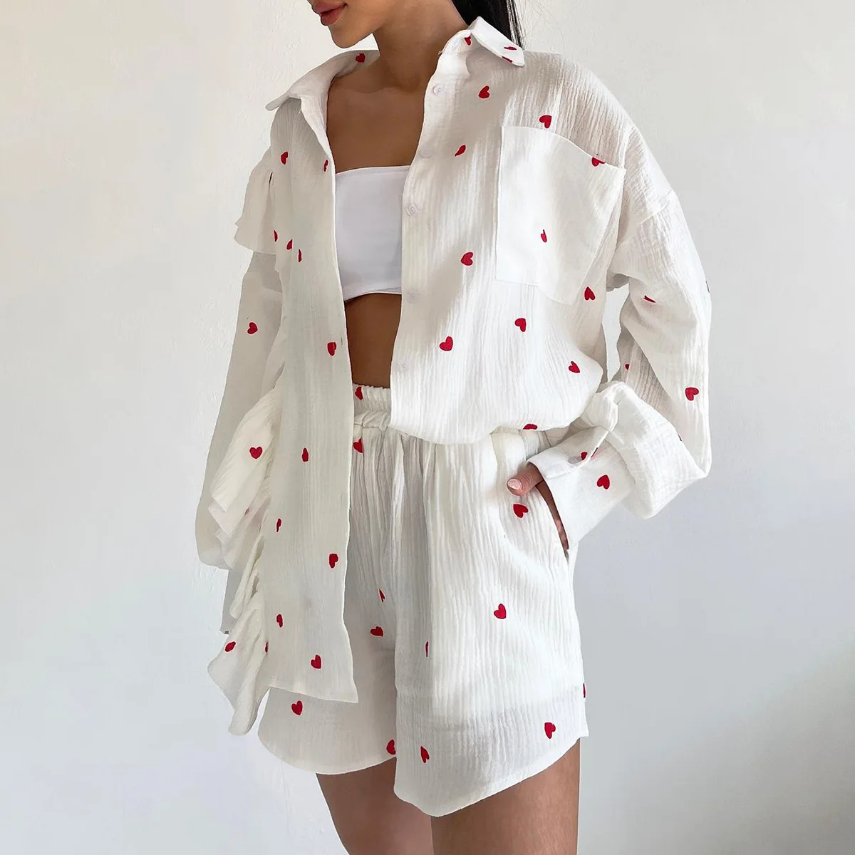 

Autumn Women Print Pleat Short Sets Casual Suits Fashion Long Sleeve Oversize Shirts and Loose Shorts Two Piece Sets Outfits