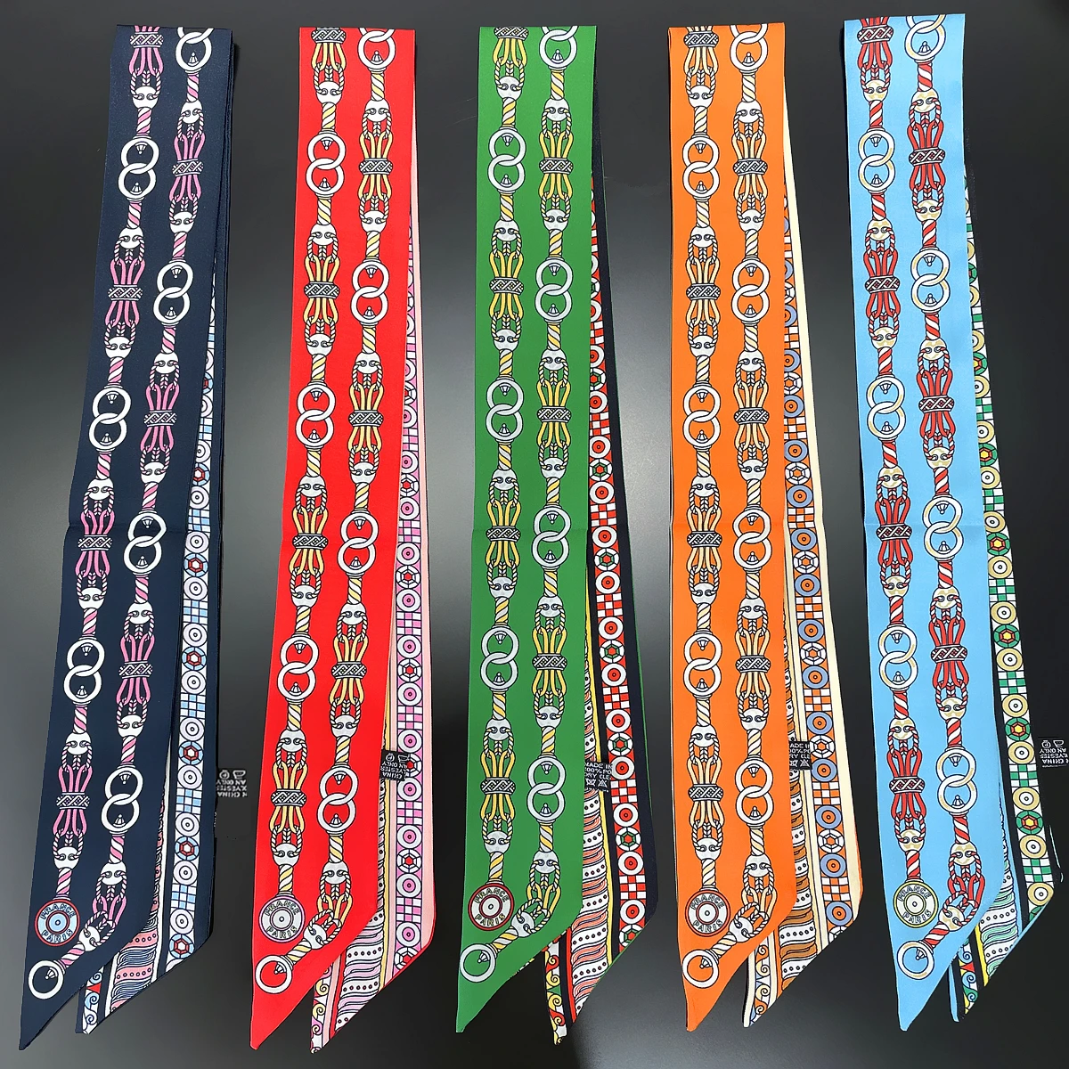 2024 Design Schal Frauen Luxusmarke Seide Schal Mode Knopf Foulard dünne Tasche Schals Haar Stirnband Halstuch