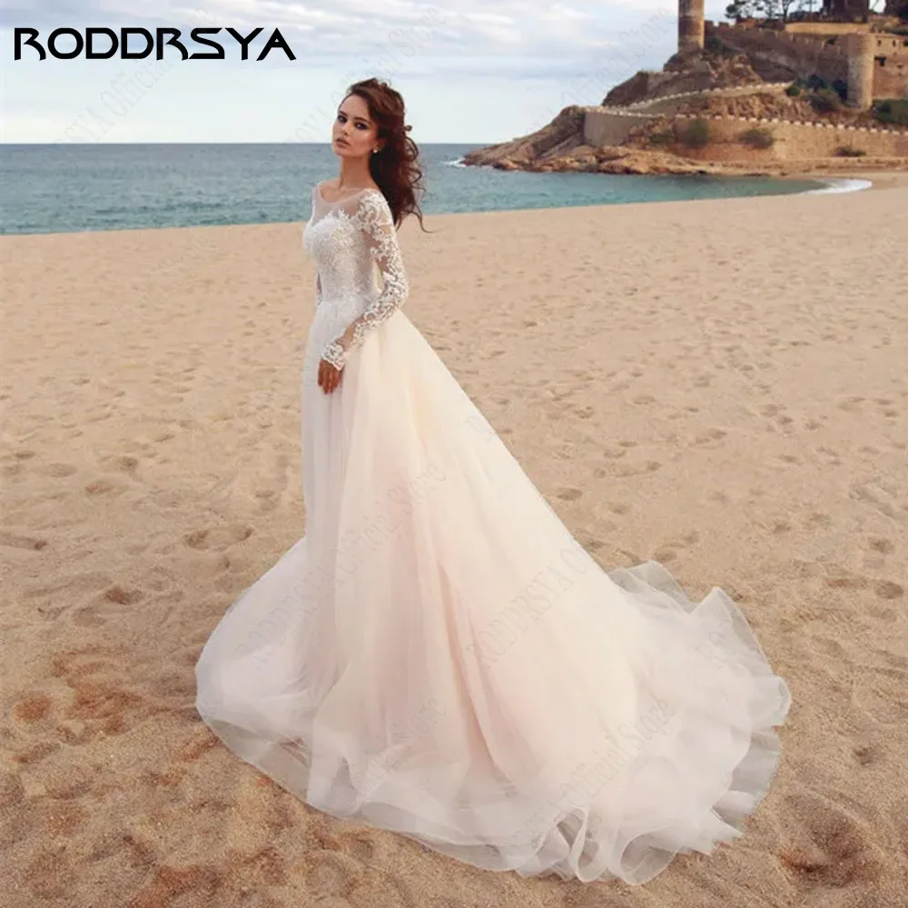

RODDRSYA Beach Lace Wedding Dress 2024 Bride Dresses Scoop Neck Long Sleeves Applique A Line Tulle Bridal Gown Robe De Mariage