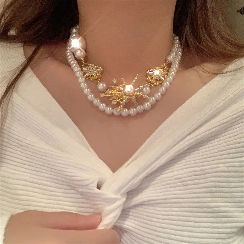 Imitation Pearl Women's Long Double Layer Necklace Set with Colored Diamonds Sparkling Clavicle Chain For Women Fashion Jewelry