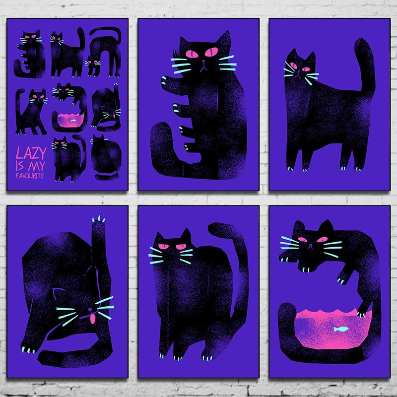 Vintage Black Cat Animal Poster Lazy Cat Abstract Canvas Painting Modern Nordic Print Wall Art Picture Living Room Bedroom Decor