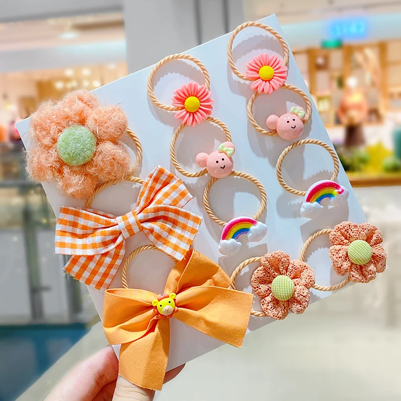 long hair clips 10/12 Pcs/Set Children Cute Cartoon Flower Bow Elastic Hair Bands Baby Girls Sweet Scrunchies Rubber Bands Kids Hair Accessories snap hair clips Hair Accessories