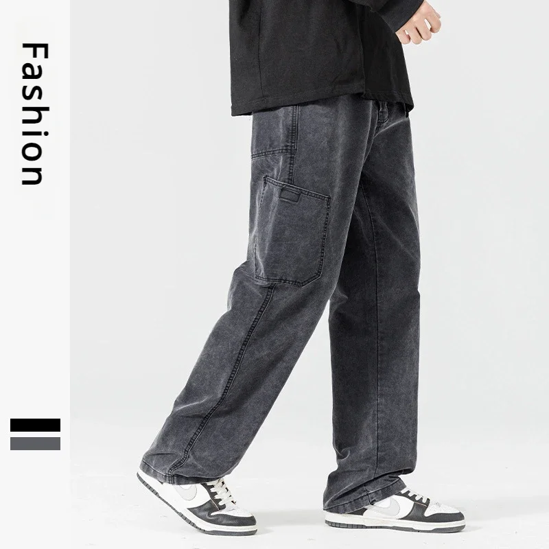 Men's Solid Cotton Pants Spring Autumn Casual Loose Straight Pants Male Trend Sportwear Oversize Wide Leg Trousers Streetwear