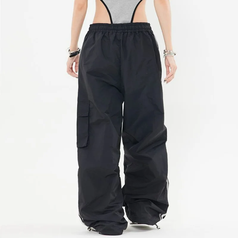 American Trendy Loose Workwear Pants Women Stripe Elastic High Waist Drawstring Pocket Straight Casual Versatile Sports Trousers