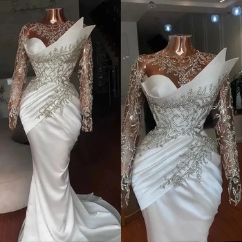 Abiti da Sposa Musulmani per Ragazze di Colore, Stile Sirena con Maniche Lunghe e Perline, Personalizzabili per l'Arabia Saudita