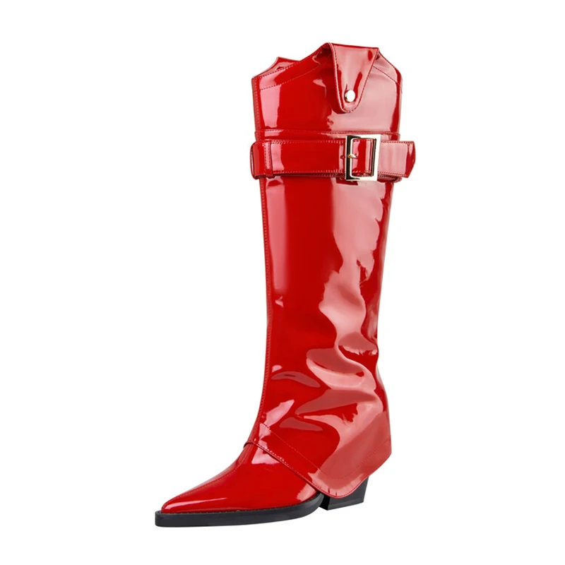 

Cow Boy Western Styles Women Red Patent Knee High Boots 7.5cm Chunky Heels Overlay Booties Buckles Pants Shoes