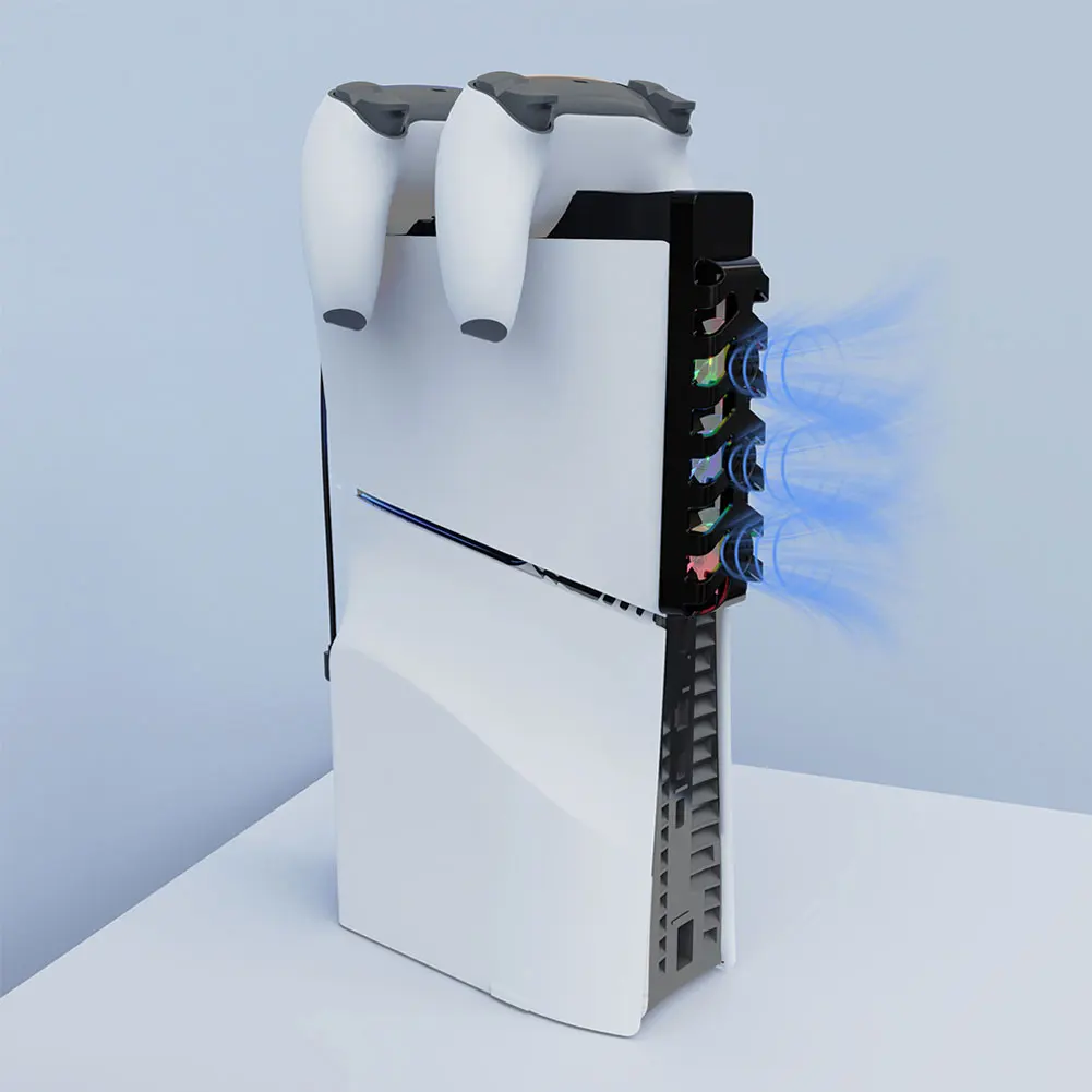 저소음 쿨러 선풍기 듀얼 컨트롤러 충전 스테이션, RGB 조명 포함, PS5 슬림 콘솔 및 컨트롤러용 효율적인 냉각 시스템