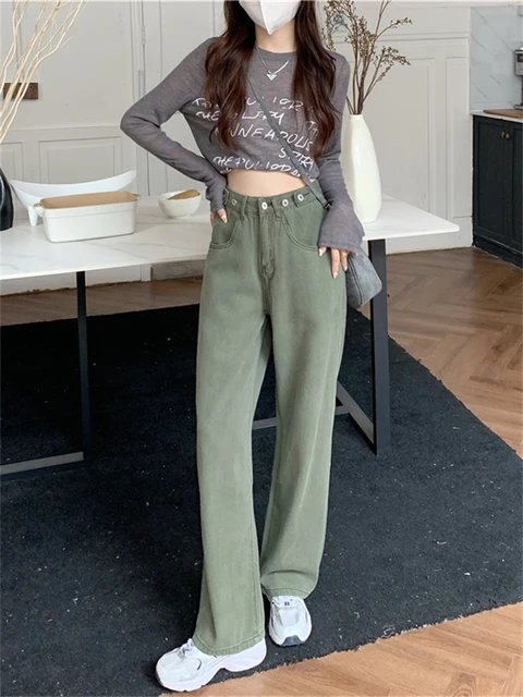 Women Army Green Denim Pant Loose Wide Leg Jeans Autumn Fashion Solid Color  Simple Casual Loose High Waist Street Cargo Trousers - AliExpress