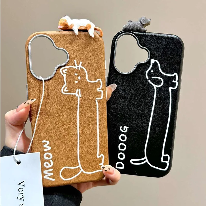 Cute 3D Cat & Dog Toy Lie-On Leather Style Soft Phone Case