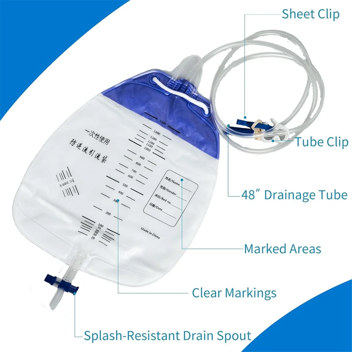 10 Pack Urinary Drainage Bags with 48In Tube Drainage Clips and Hanging Hook Urine Bags with Anti-Reflux Chamber 1500ML urinary drainage bags