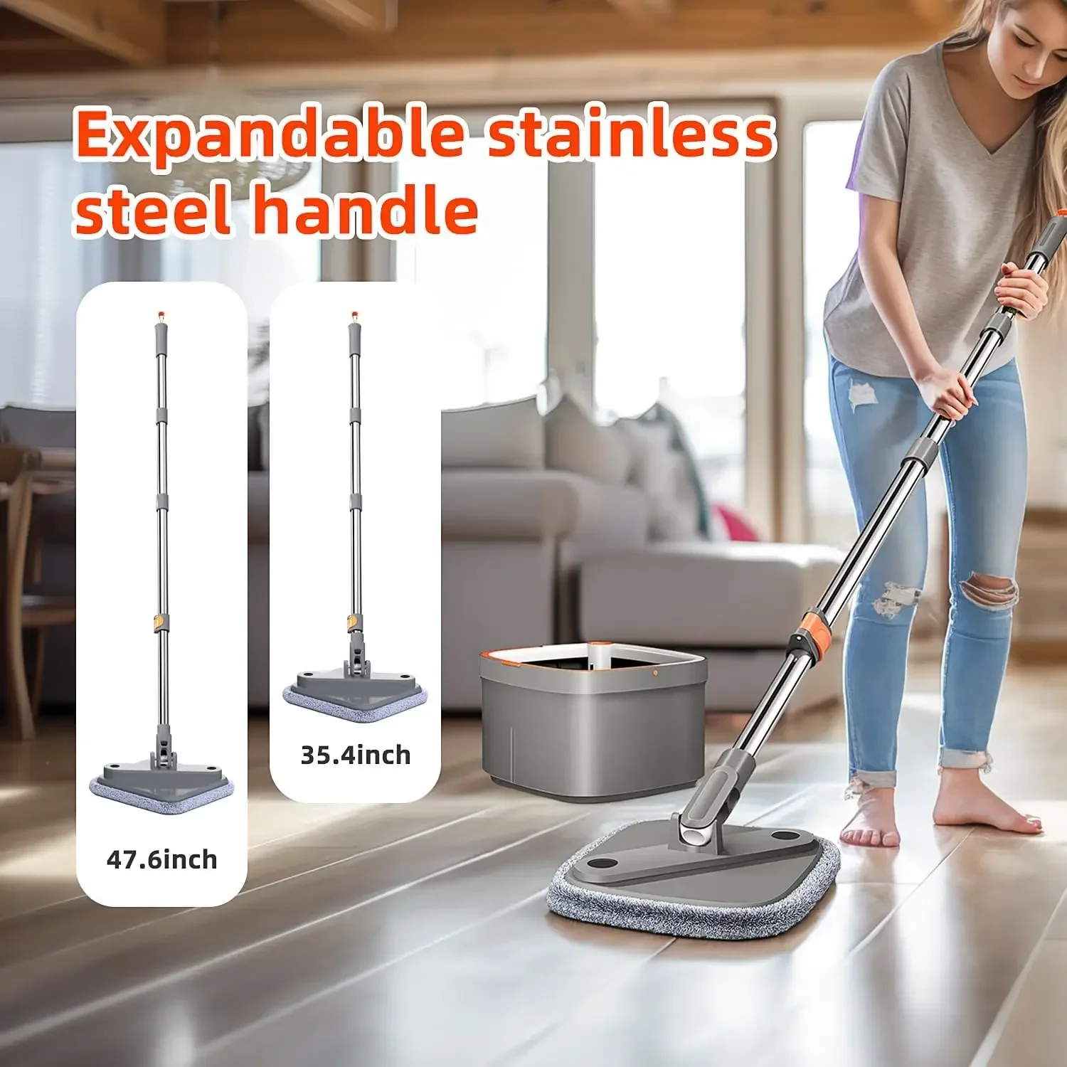 KZKR Spin Square Mop and Bucket Set M16 with 6 microfibra Replaceable Mop Pads with Self Separation Dirty and Clean