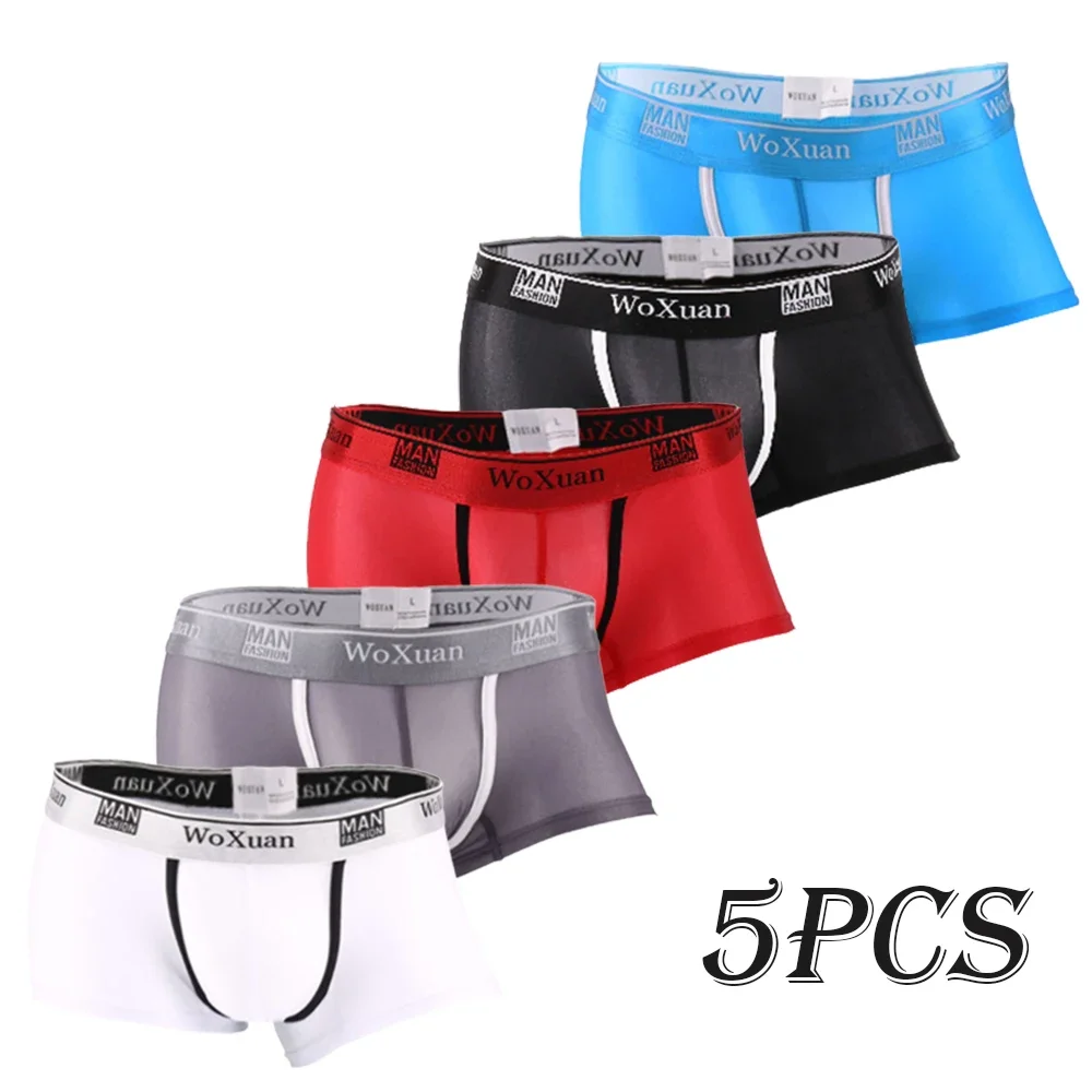 5pcs Men Ice Silk Boxershorts Underwear Male Solid Color Transparent Underpants Boxers Homme Boxershort Sexy Bugle Pouch Panties