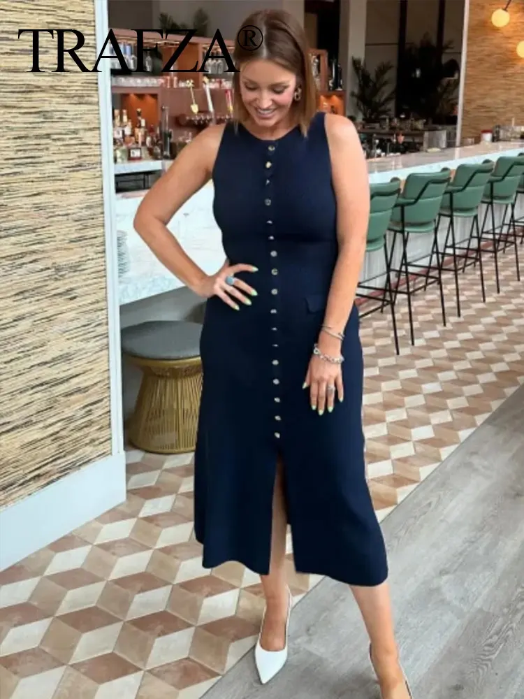 HH Women Elegant Solid Knitted Dress Single Breasted O Neck Sleeveless Dresses With Pockets Slim Midi Dress Office Lady