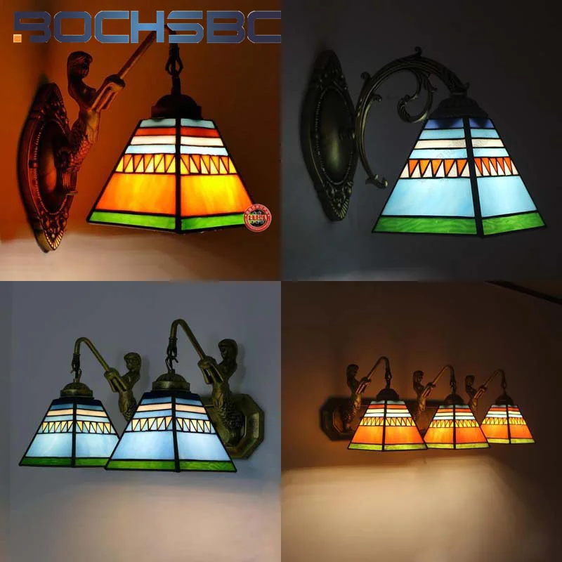 

BOCHSBC Tiffany style Stained glass Mermaid retro wall lamp bedroom bedside nightlight living room hallway wall lamp LED decor