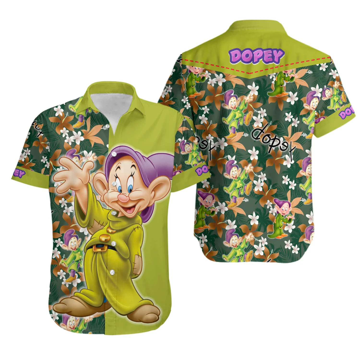 

Гавайская рубашка Disney Dopey карликовая для мужчин и женщин, Пляжная рубашка с коротким рукавом, гавайская рубашка Disney, модная повседневная рубашка, Топ