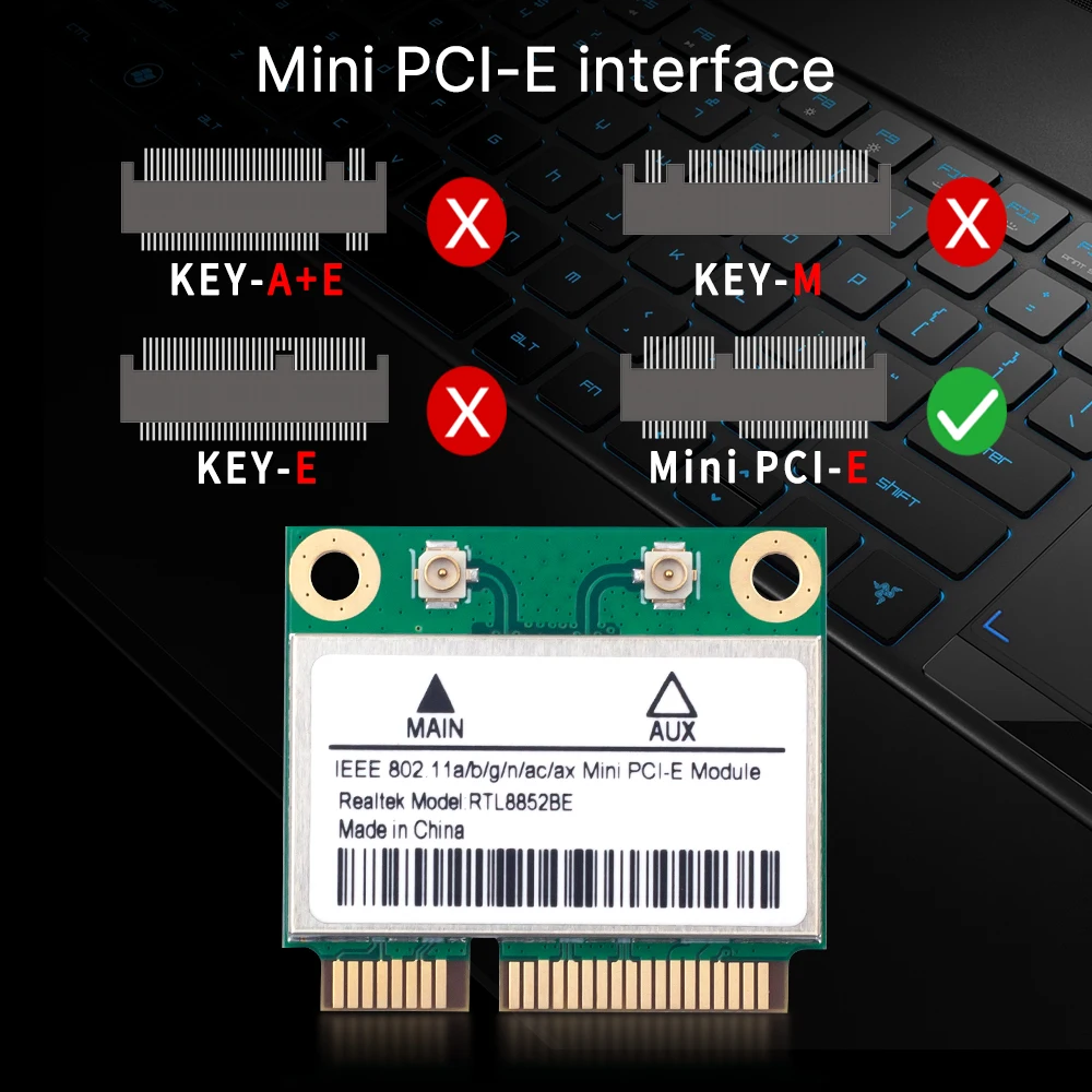 RTL8852BE WiFi 6 네트워크 카드 Windows 10 PCIe용 1800Mbps BT 5.2 듀얼 밴드 무선 MiniPCIe 802.11ax/ac 2.4G/5GHz MU-MIMO