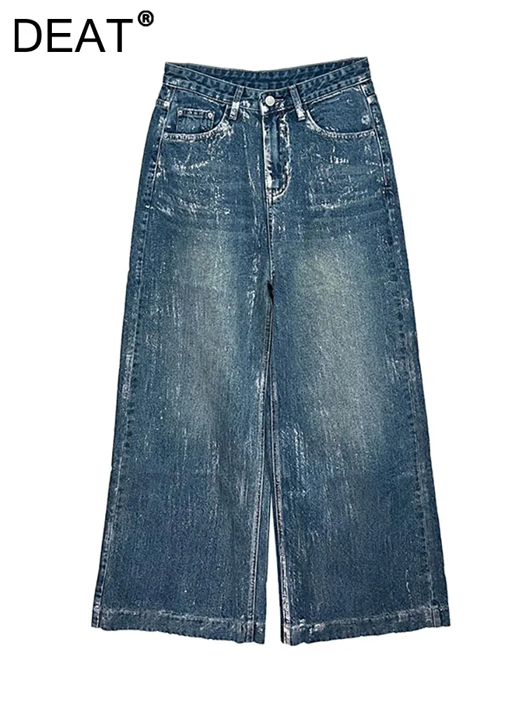 

DEAT Women's Jeans High Waist Straight Full Length Silver Coated Wide Leg Female Denim Pants 2024 Summer New Fashion 29L7551