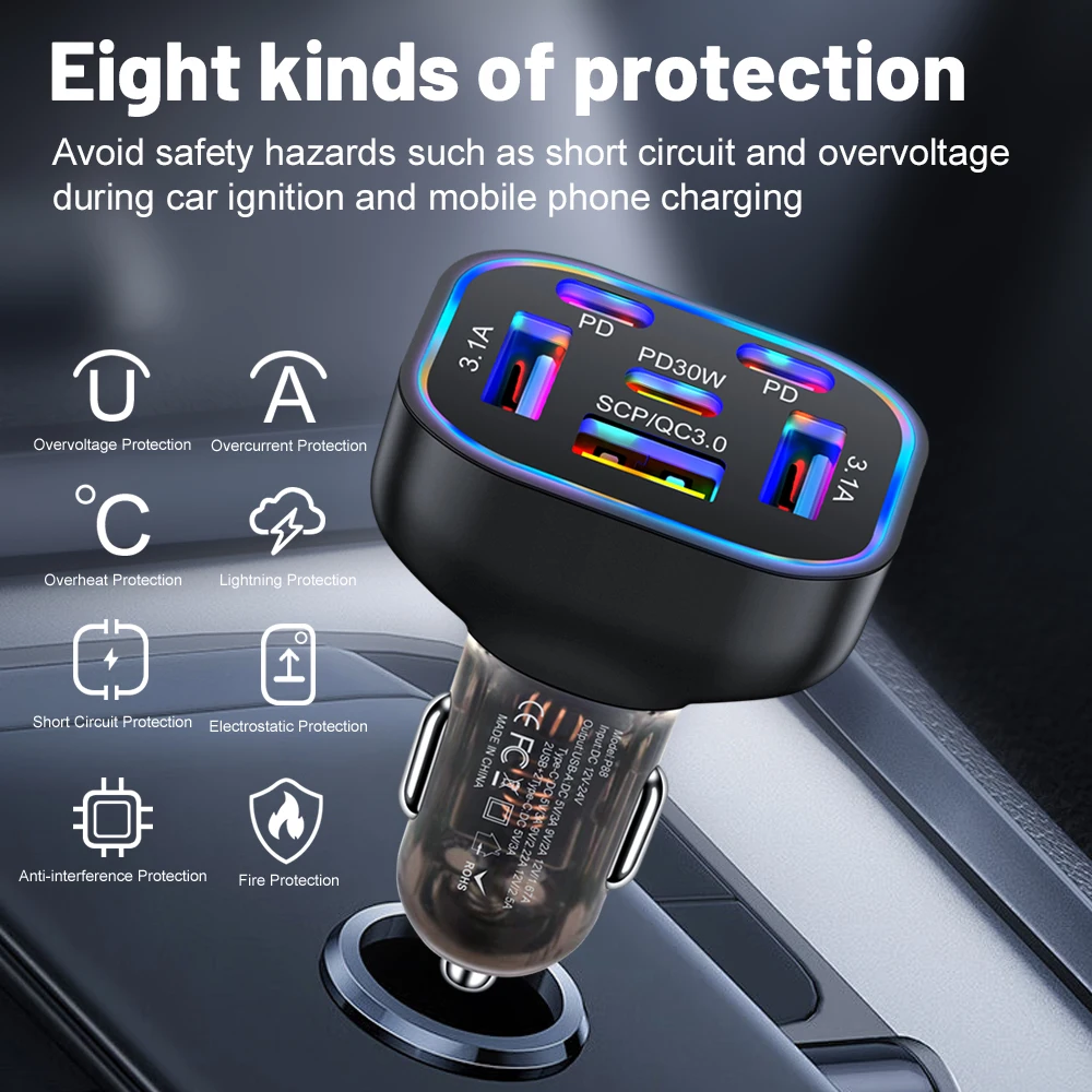 63W Seven Color Gradient Breathing Light 3USB+3PD Car Charger Fast Charging Phone Adapter For Xiaomi iPhone Samsung Charger