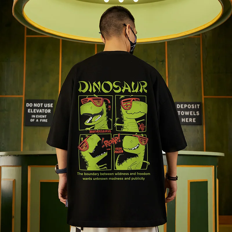 

Футболка мужская хлопковая с принтом динозавра, модная брендовая свободная уличная одежда в стиле High Street, парная рубашка оверсайз с коротким рукавом, лето