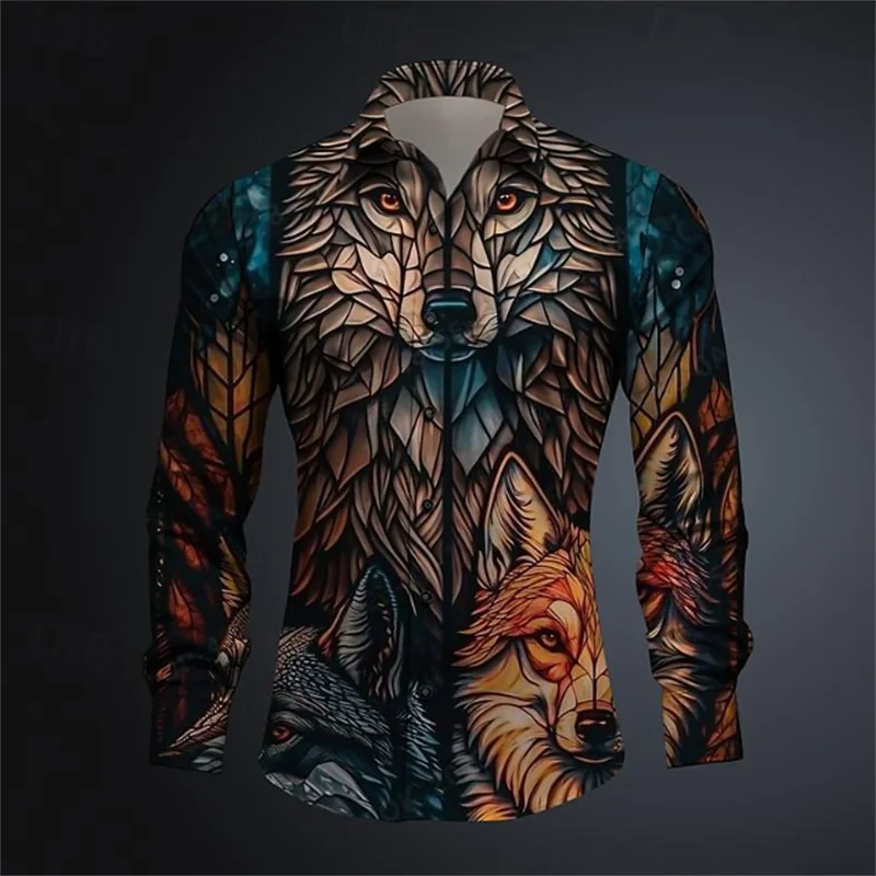 

Spring and Summer Men's Wolf Totem Casual Shirt HD Graphic Designer Design New Lapel Outdoor Men's Top 2024 New Style