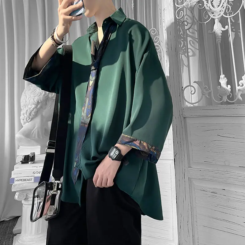 

Dark Green Cold Wind High-quality Fried Street Shirt Men Short Sleeve Korean Fashion Oversize Three-quarter Sleeve Shirt Women
