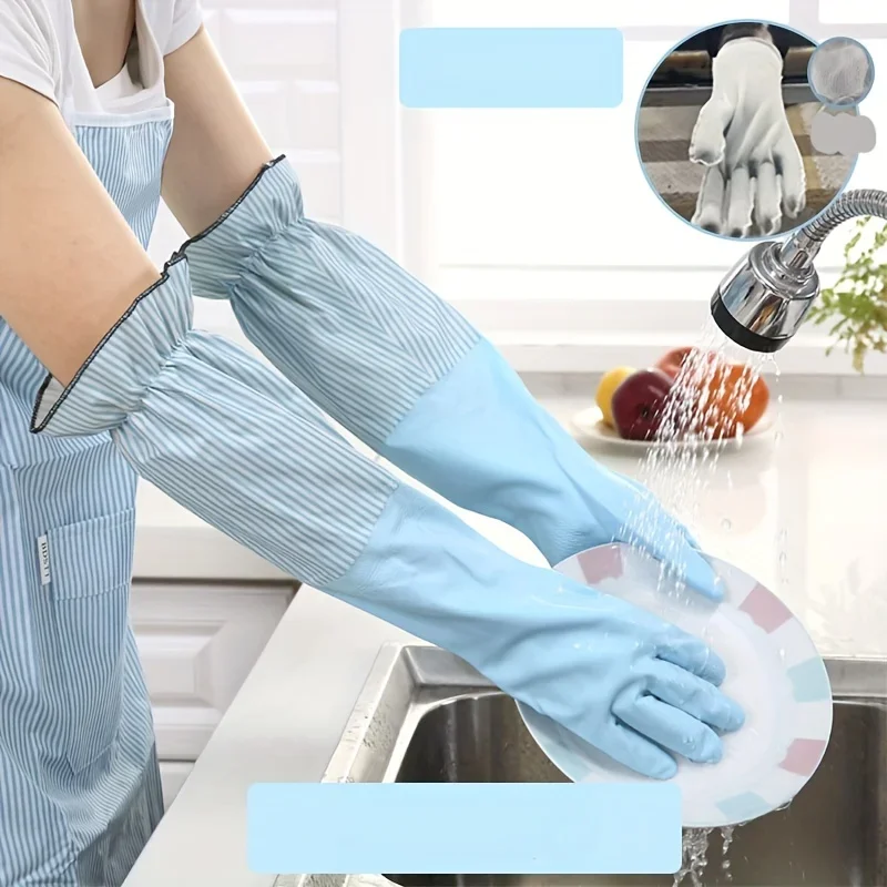 1 pair of winter warm gloves, velvet lining, kitchen dishwashing gloves, household gloves, durable laundry gloves 2