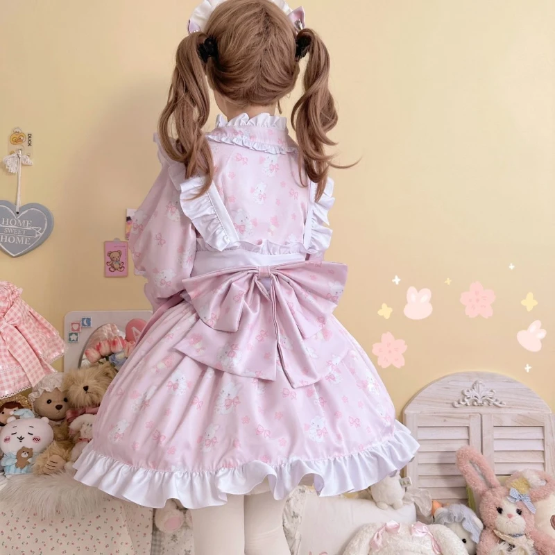 Japanese Kawaii Lolita Dress Women Sweet Cute Bunny Print Bow Party Mini Dresses Harajuku Y2k Ruffes Apron Maid Lolita Set