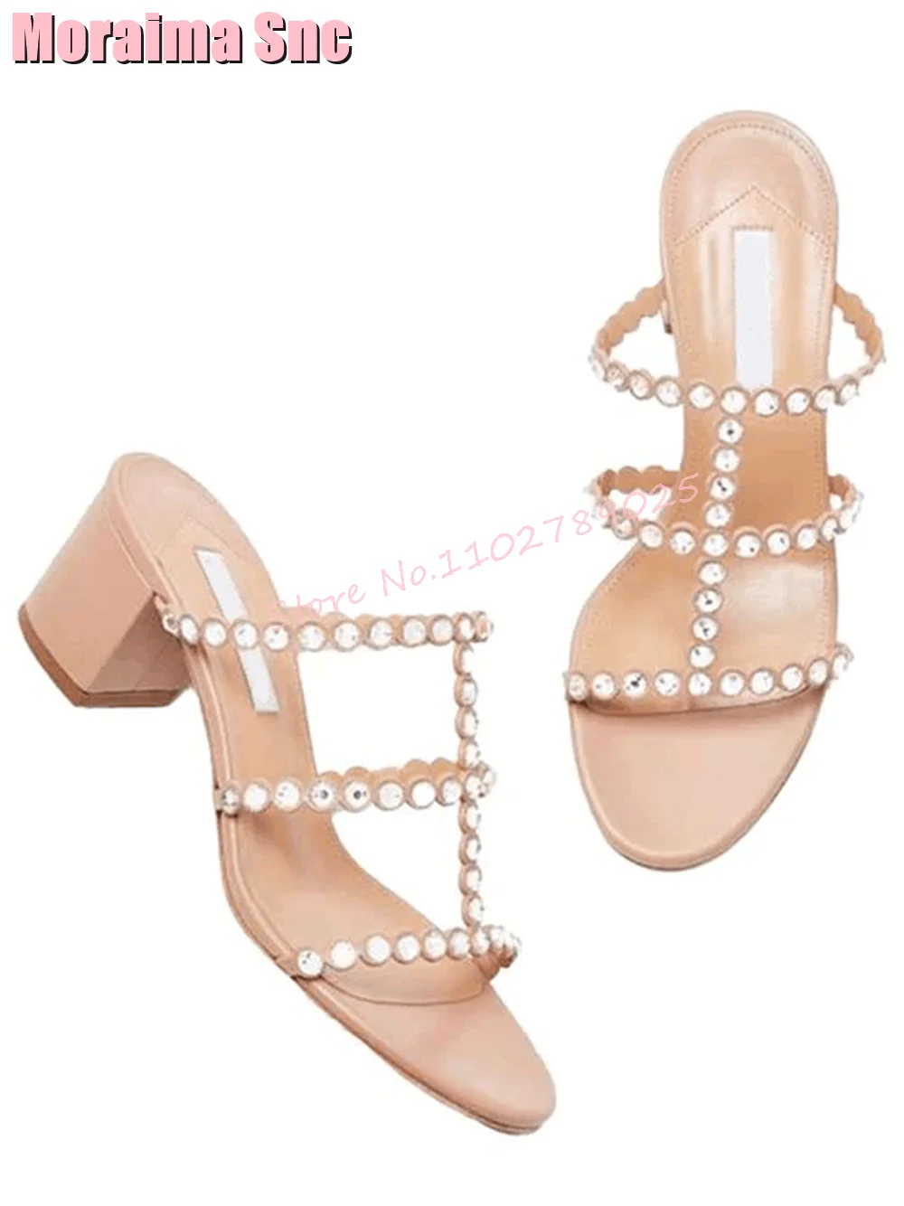 Crystal Hollow Thong Strap Slippers Round Open Toe Block Mid Heel Slip On Women Shoes Summer Slides Nude Solid Sexy Casual 2023