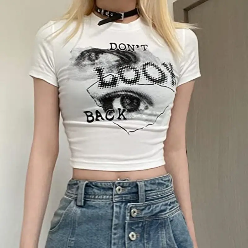 Printcess Women's Summer Cool Comfortable Casual Short Sleeve Tees Y2K Graphic Pattern Print Vintage Girls Crop Top761_voghion.com