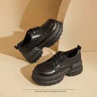 British Style Women's Spring Autumn Thick Bottom Heightening Soft Bottom Lace-Up Chunky Heel Loafers Adult Flat Shoes