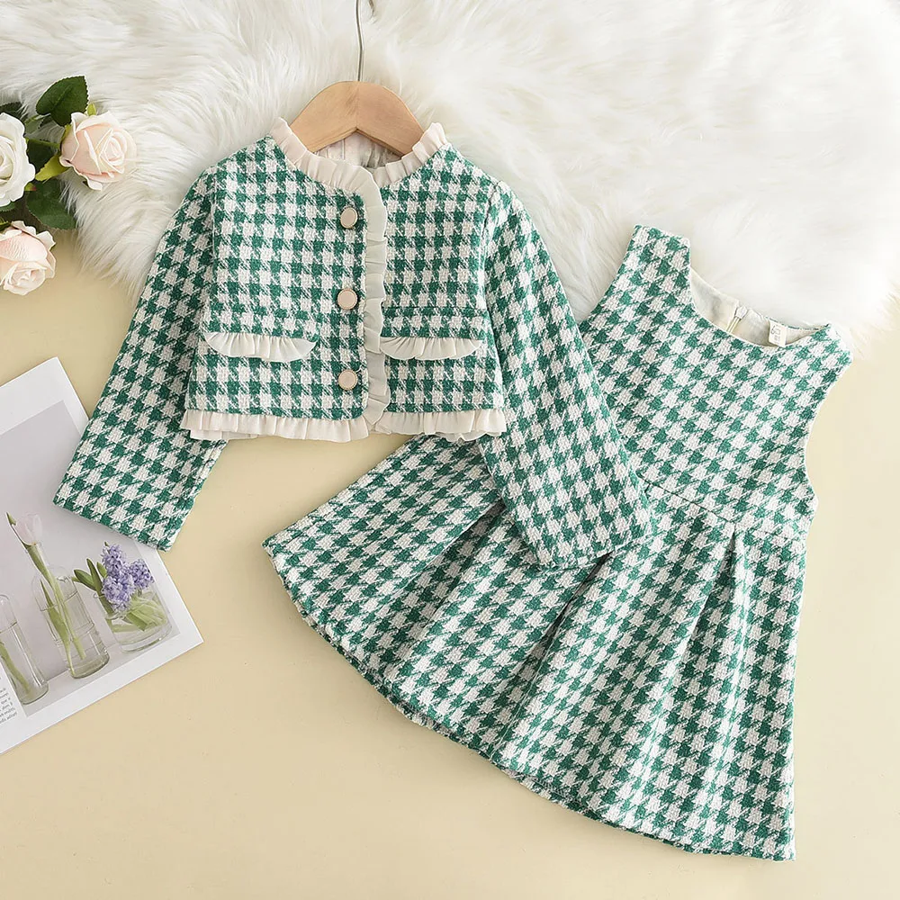 

Bear Leader Girls Clothes Set 2-6 Y Spring Autumn New Girls Plaid Vest Dress Retro Outwear Coat 2 Pcs Fashion Baby Party Outfits