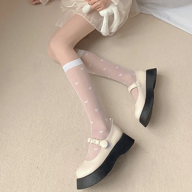 Heart Japan Style Women Stockings Knee High Socks Ultra-thin Transparent Nylon Long Socks JK Lolita Sweet Girls Lower Knee Socks 3
