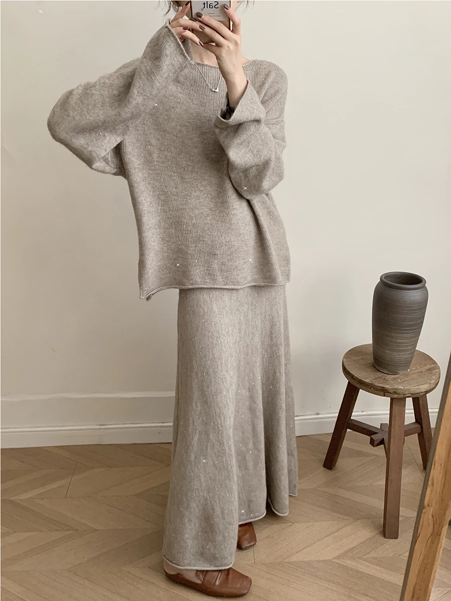 Sexy Soft Elegant Vintage Women Suits 2 Pieces Female Sets Slash Neck Sweater & Midi Dress Bling Knitted TrackSuit