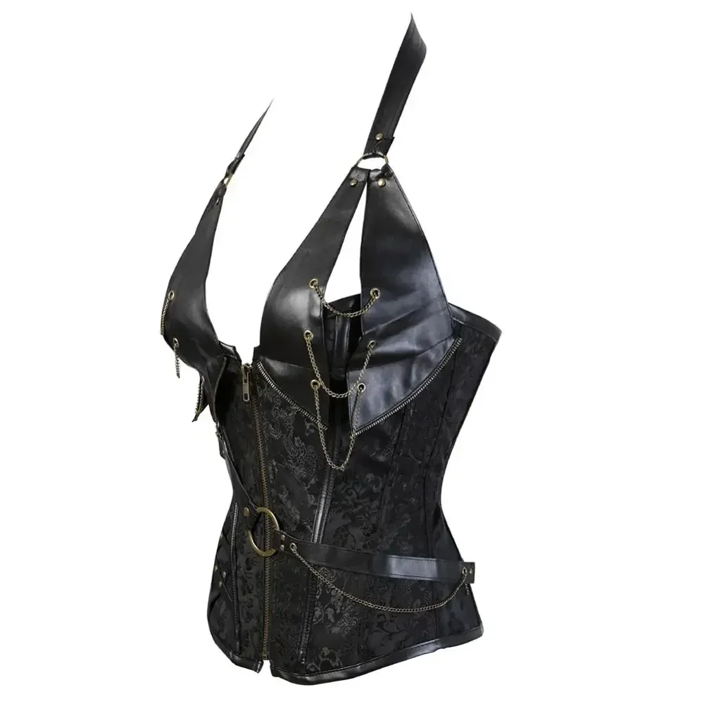 Leather Steampunk Halterneck Corset Bustier Black Pirate Corsets Zip Corsage Sexy Chain Dance Party Clubwear Costume Plus Size