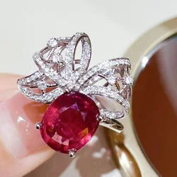 Exquisite Shiny Red Zircon Bow Ring - Elegant Fashion Jewelry - 8