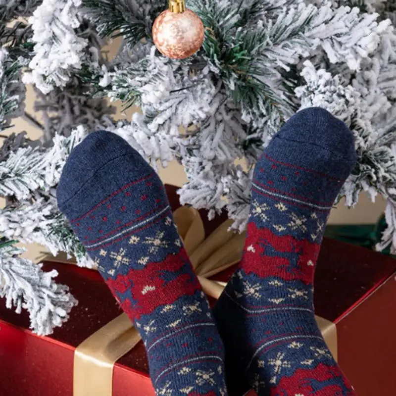 Christmas Socks 5Pairs Wool Mid-tube with Santa Reindeer Pattern Women's Gift Box